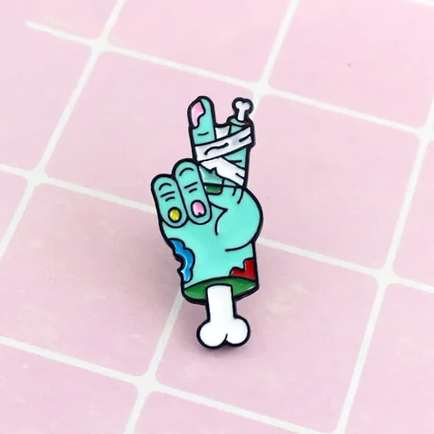 Cartoon Zombie Hand Enamel Brooch Alloy Quirky Victory Gesture Pin With White Bandage Bone Detail For Clothes Bag Backpack Accessory