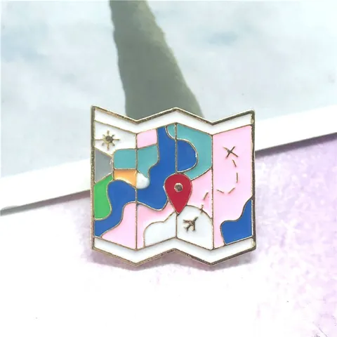 Creative Cartoon Folded Map Enamel Brooch Pin Alloy Travel Theme Airplane Location Icon Badge Jewelry For Travel Lovers Women