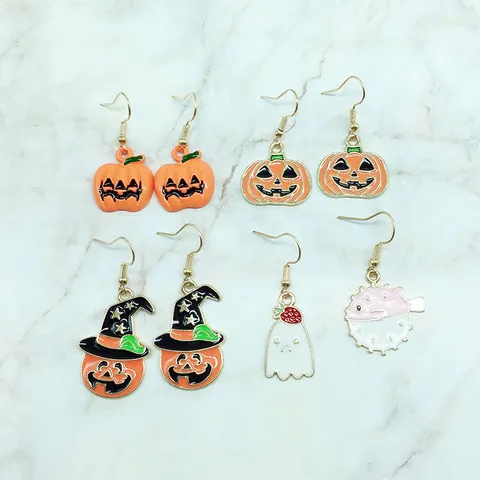 Halloween Pumpkin Ghost Pufferfish Dangle Earrings Alloy Enamel Drip Oil Funny Earrings For Women Festival Party Jewelry