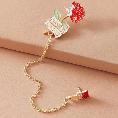 Alice In Wonderland Theme Enamel Brooch Set Rose Paint Brush Chain Pin Painting The Roses Red Alloy Brooch Women Jewelry