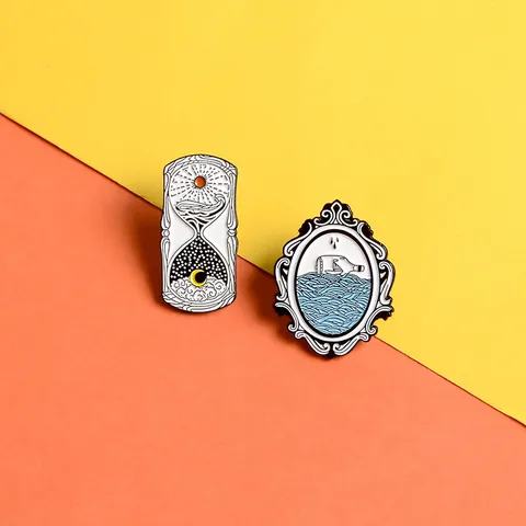 Vintage Hourglass Frame Enamel Brooch Pin Set Alloy Drip Oil Sun Moon Sea Wave Drift Bottle Badge Pin Jewelry For Students