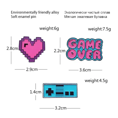 Retro Pixel Art Game Over Video Game Controller Enamel Pin Brooch Alloy Heart Lapel Pin Jewelry Gift For Gamers