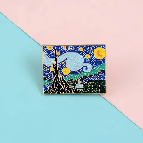 Spilla in Smalto Notte Stellata di Van Gogh in Lega Rettangolare Pittura a Olio per Giacca di Jeans Zaino Uomo Donna Gioielli d'Arte