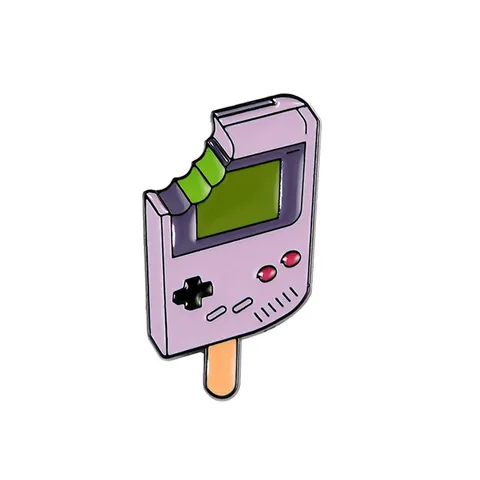Spilla Smaltata Creativa a Forma di Console di Gioco Portatile Viola e Ghiacciolo in Lega Cartone Animato Distintivo Stile Retrò Per Zaino Giacca