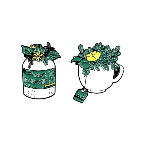 Creative Enamel Brooch Pins Medicine Bottle And Tea Cup Pattern Alloy Lapel Pin For Backpack Clothing Decor Unisex Jewelry