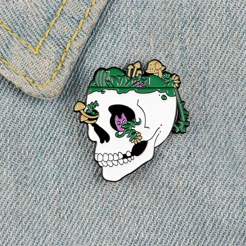 Creative Skull Enamel Pin With Mushroom Plant And Cat Cartoon Brooch Halloween Gift Alloy Backpack Lapel Pin Jewelry