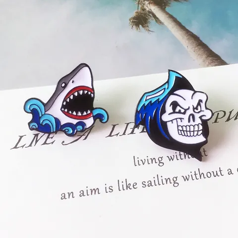Creative Cartoon Shark Wave And Skeleton Skull Enamel Pin Alloy Badge For Backpack Jacket Denim Accessories Unisex Jewelry