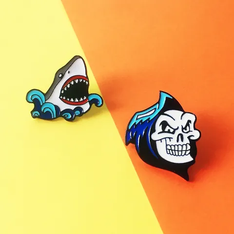 Creative Cartoon Shark Wave And Skeleton Skull Enamel Pin Alloy Badge For Backpack Jacket Denim Accessories Unisex Jewelry