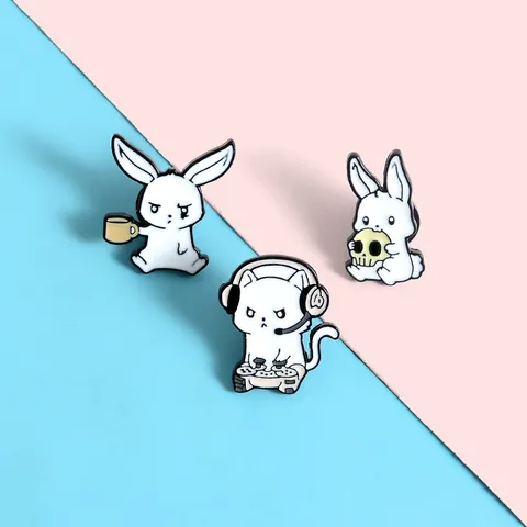 Cartoon Enamel Pins Funny Rabbit Holding Cup Gaming Cat With Headset Rabbit With Skull Alloy Brooches Student Gift Jewelry