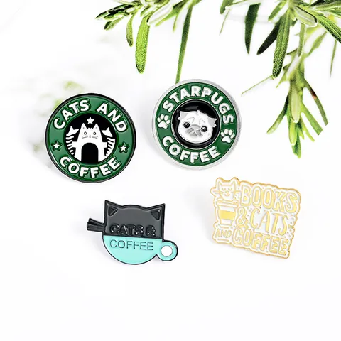 Cartoon Katze Und Mops Emaille Pin Abzeichen Kaffee Thema Legierung Anstecknadel Süße Tier Brosche Für Kleidung Taschen Rucksäcke