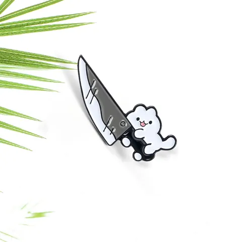 Divertido Broche de Esmalte de Gato Blanco Con Cuchillo Lindo Broche de Animal Para Decoración de Mochila de Ropa Joyería Regalo Unisex