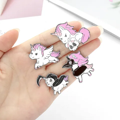 Cartoon Alloy Enamel Unicorn Brooch Punk Gothic Dark Style Plague Doctor Chainsaw Skull Enamel Pin Badge For Clothes Bag Decoration