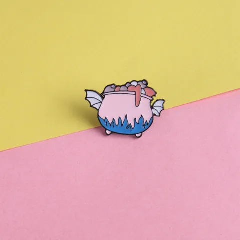 Cartoon Magic Cauldron Enamel Pin Alloy Witch Pot Brooch With Bat Wings Pink Blue Badge For Clothing Bag Halloween Jewelry