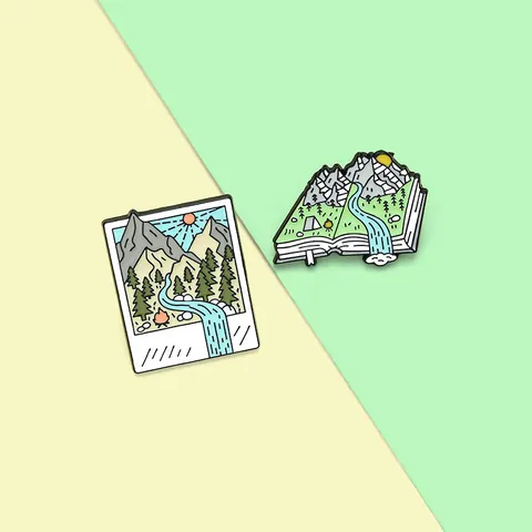 Creative Alloy Enamel Landscape Brooch Pin Cartoon Mountain River Polaroid Book Shape Badge For Travel Outdoor Accessories