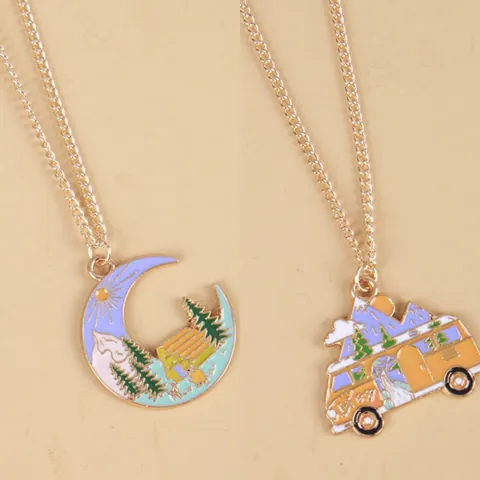 Nature Enamel Landscape Pendant Necklace Gold Plated Alloy Moon Camping Van Mountain Forest Traveling Jewelry Gift For Women