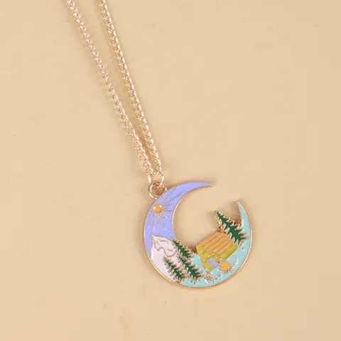 Nature Enamel Landscape Pendant Necklace Gold Plated Alloy Moon Camping Van Mountain Forest Traveling Jewelry Gift For Women