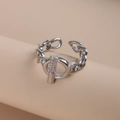 Anillo Abierto de Cadena de Aleación Vintage para Hombre Mujer Plateado Zirconia Cierre OT Entrelazado Geométrico Anillo Ajustable
