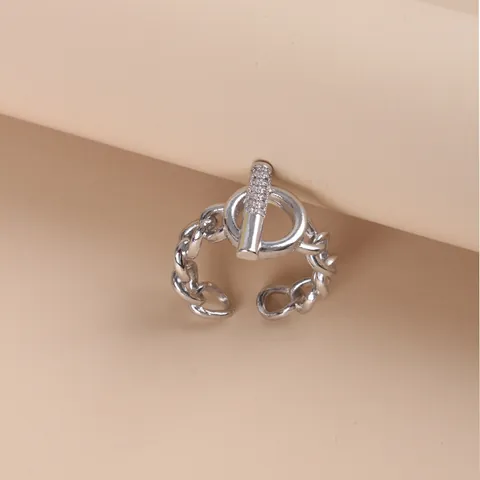 Anillo Abierto de Cadena de Aleación Vintage para Hombre Mujer Plateado Zirconia Cierre OT Entrelazado Geométrico Anillo Ajustable