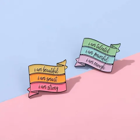 Inspirational Enamel Pin Ribbon Banner Brooch For Women Men I Am Beautiful Smart Strong Enough Quote Lapel Badge Alloy Jewelry