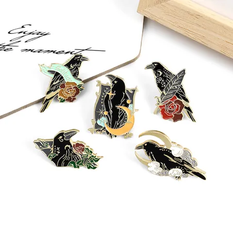 Gothic Raven Crow Enamel Pin Brooch For Women Men Mystical Black Bird With Rose Moon Star Alloy Badge Jewelry Accessories