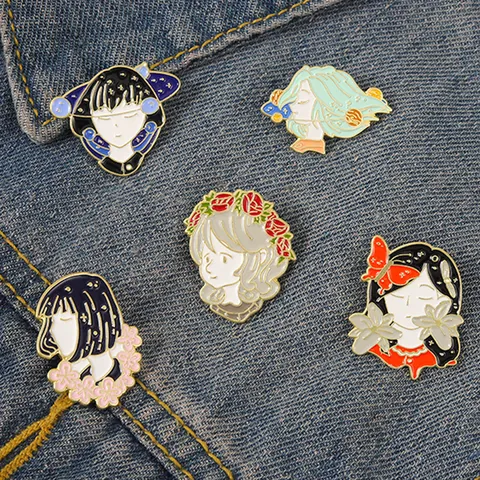 Cartoon Girl Enamel Pins Alloy Aesthetic Girl Portrait Brooch Badge With Flower Butterfly Galaxy Design For Bag Clothing Accessories Jewelry Gift