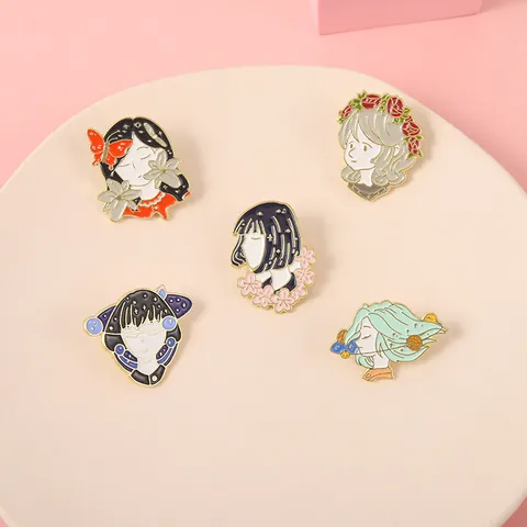 Cartoon Girl Enamel Pins Alloy Aesthetic Girl Portrait Brooch Badge With Flower Butterfly Galaxy Design For Bag Clothing Accessories Jewelry Gift