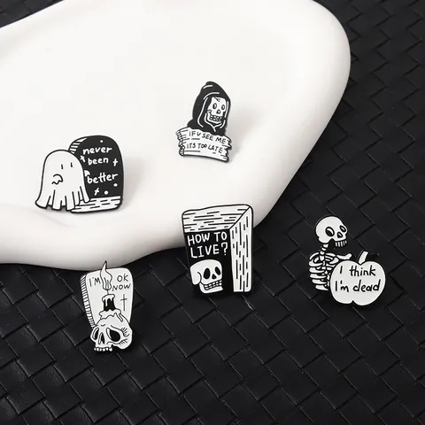 Gothic Skeleton Ghost Enamel Pin Brooch Black White Alloy Badge Dark Humor Lettering Punk Jewelry For Bags Clothing Decoration