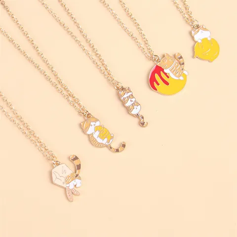 Cartoon Cute Cat Pendant Necklace Gold Plated Alloy Enamel Drip Oil Animal Kitten Holding Fish Fruit Jewelry For Women Girls