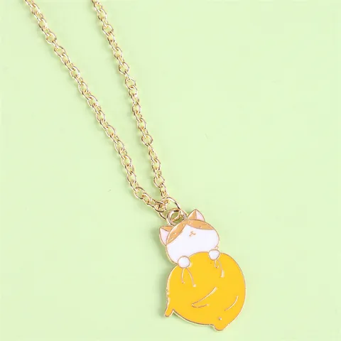 Cartoon Cute Cat Pendant Necklace Gold Plated Alloy Enamel Drip Oil Animal Kitten Holding Fish Fruit Jewelry For Women Girls