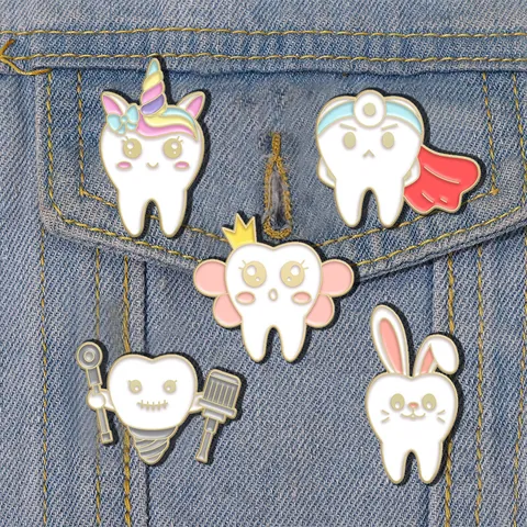Cartoon Teeth Enamel Pins Set Cute Tooth Fairy Dentist Superhero Rabbit Unicorn Alloy Brooches Jewelry Decor For Bags Clothes