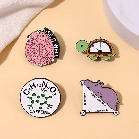 Creative Science Formula Alloy Enamel Brooch Caffeine Hippo Math Turtle Protractor Brain Design Badge Pins For Backpack Clothing Decoration
