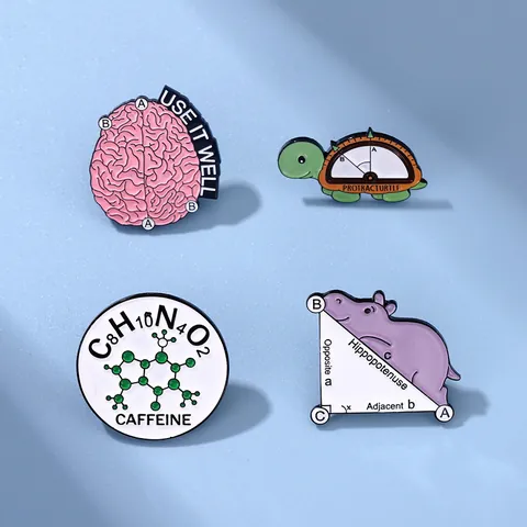 Creative Science Formula Alloy Enamel Brooch Caffeine Hippo Math Turtle Protractor Brain Design Badge Pins For Backpack Clothing Decoration