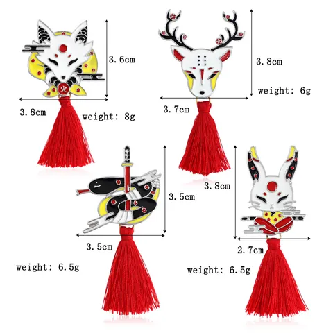 Chinese Style Animal Mask Brooch With Red Tassel Japanese Style Alloy Drip Oil Enamel Fox Rabbit Snake Sword Lapel Pin For Unisex Jewelry Gift