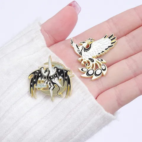 Broche en Émail Créature Mythique Alliage Dragon Phénix Renard à Neuf Queues Épingle de Revers Noir Blanc Or Style Manga Badge