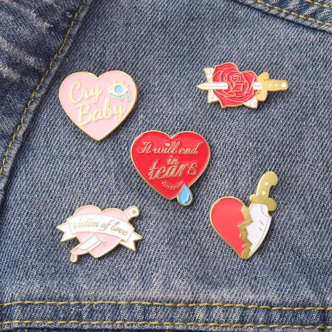 Cartoon Alloy Enamel Pin Set Heart Dagger Rose Brooch Pins Cry Baby Victim Of Love Letter Badges For Denim Jacket Bag Decor