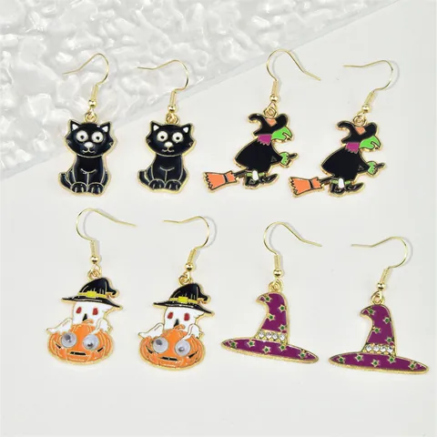 Halloween Zinklegering Emaille Oorbellen Cartoon Zwarte Kat Heks Geest Pompoen Hoed Hangende Oorbellen Voor Vrouwen Sieraden
