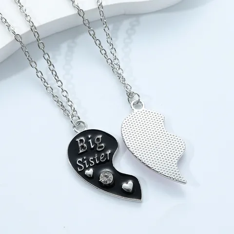 Alloy Big Little Sister Heart Splicing Pendant Necklace With Rhinestone Best Friend Sister Jewelry Gift For Women Girls