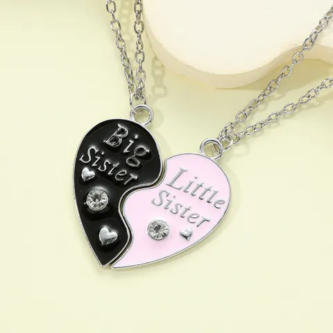 Alloy Big Little Sister Heart Splicing Pendant Necklace With Rhinestone Best Friend Sister Jewelry Gift For Women Girls
