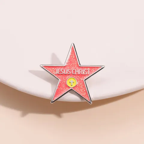 Religiöse Rote Glitzer Stern Brosche Mit Jesus Christus Kreuz Emaille Pin Zinklegierung Christliches Abzeichen Schmuck Für Damen Herren