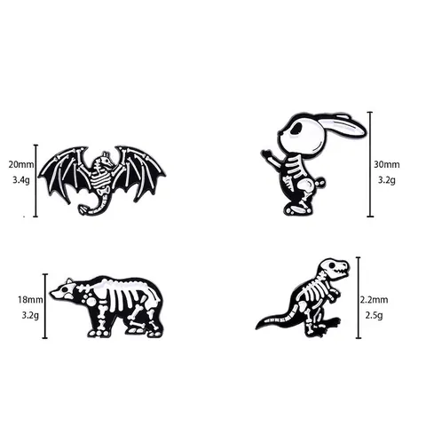 Spilla Scheletro Animale Cartone Animato Pin in Lega di Zinco Smalto Dinosauro Coniglio Orso Pipistrello Distintivo Fossile per Halloween