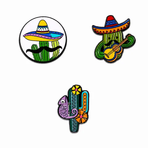 Creative Enamel Pin Zinc Alloy Cactus Chameleon Mexican Sombrero Guitar Brooch For Backpack Denim Jacket Decoration Jewelry