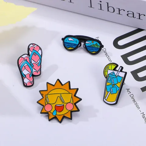 Summer Cartoon Enamel Pin Cute Sun Sunglasses Cold Drink Flip Flops Zinc Alloy Brooch Badge For Backpack Clothes Decor