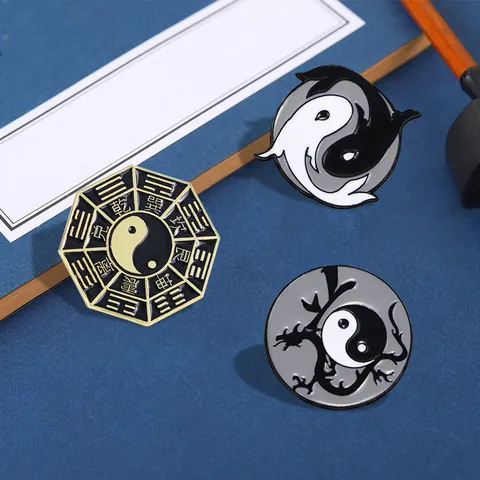 Vintage Emaille Taichi Bagua Yin Yang Drache Koi Brosche Anstecknadel Für Damen Herren Chinesischer Stil Legierung Reversnadel
