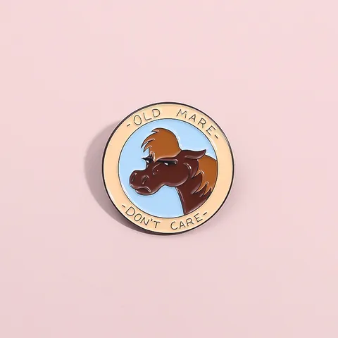 Funny Enamel Pin Old Mare Don't Care Cartoon Horse Head Round Metal Badge Brooch For Clothing Bags Jackets Jewelry Gift