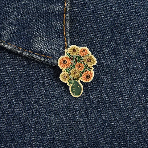 Vintage Van Gogh Sonnenblume Emaille Anstecknadel Brosche Künstlerischer Ölgemälde-Stil Legierung Blumen-Vase Abzeichen Schmuck Geschenk Für Kleidung Taschen