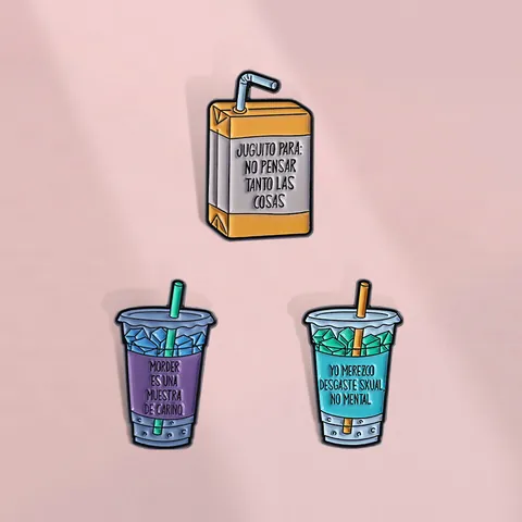 Creative Cartoon Beverage Cup Enamel Brooch Pin Set Spanish Slogan Humorous Quote Alloy Badge Jewelry For Clothing Backpack Decor