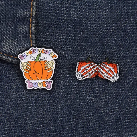 Halloween Pumpkin Enamel Brooch Humorous Skull Hand Booty Design Pin Funny Cartoon Badge For Party Accessory Festival Jewelry