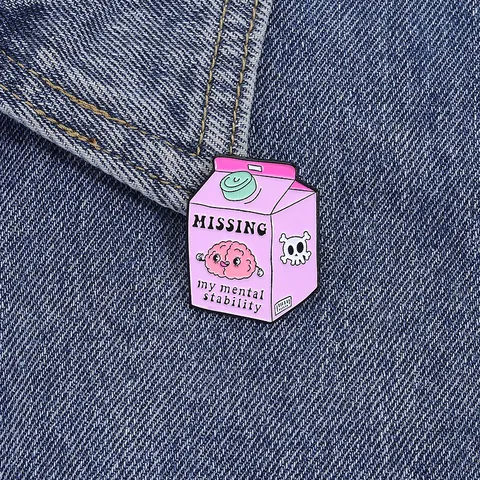 Missing My Mental Stability Brain Milk Carton Enamel Pin Cartoon Funny Alloy Brooch Lapel Pin For Backpack Jacket Clothes Jewelry Gift