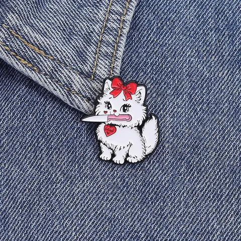 Cartoon Cute White Cat Holding Knife Alloy Enamel Brooch Badge For Women Teens Fashion Clothing Bag Accessory Gift