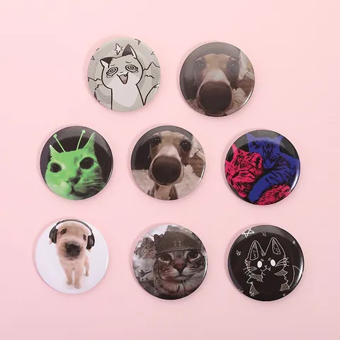 Cute Pet Meme Tinplate Pin Badge Creative Cartoon Cat Dog Round Brooch For Clothing Bag Decoration Gift For Animal Lovers